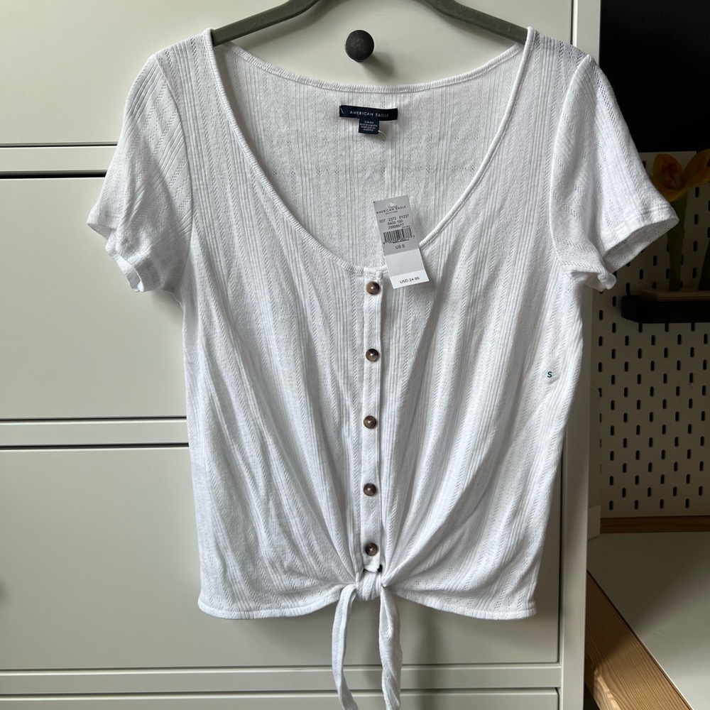 NWT American Eagle white Pointelle Tie Front Crop Top Shirt small
